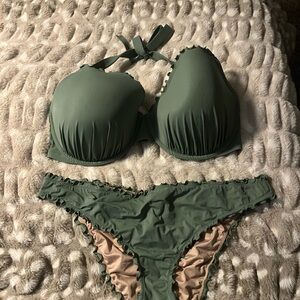 Shade & Shore Olive Green Halter Ruffle Bikini Set